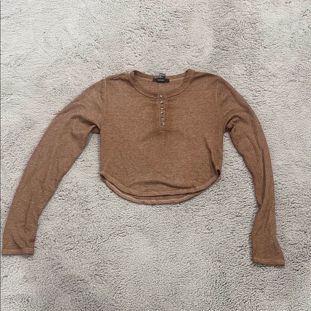 Forever 21 Tan Ribbed Polo Button Down Crop Top